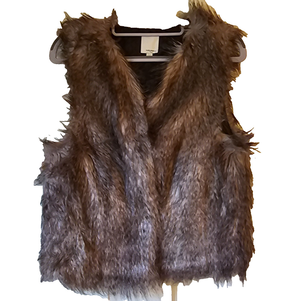 Halogen Faux Fur Vest Brown Mixed Shaggy Open Front Lined Women’s Size M